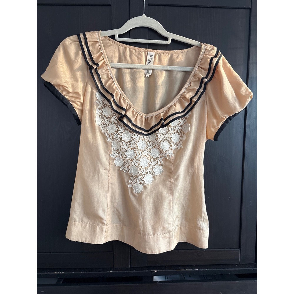Anthropologie Floreat Retro Lace Ruffle Collar Puff Sleeve Silk Blouse Sz12